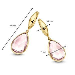 Oorringen geelgoud rose quartz