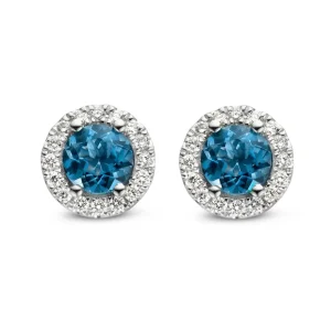 Oorstekers witgoud briljant+london blue topaz