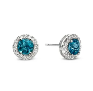 Oorstekers witgoud briljant+london blue topaz