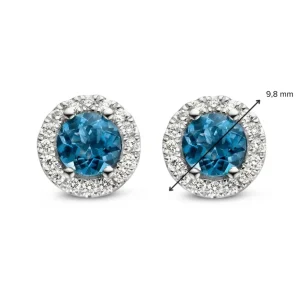 Oorstekers witgoud briljant+london blue topaz