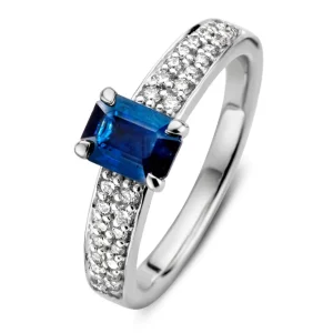 Ring witgoud briljant + saffier